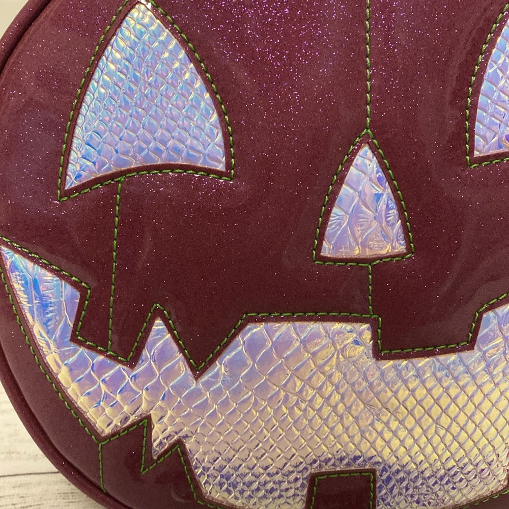 *RARE Love Pain & Stitches Maroon Glitter and Holo Face Happy Face Pumpkin Purse - Picture 5 of 11